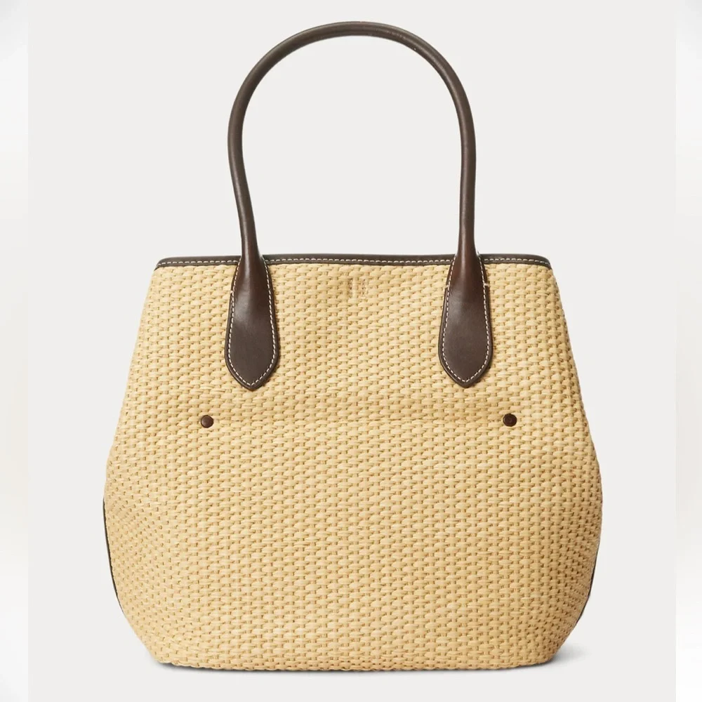 NWT Polo by Ralph Lauren Leather-Trim Straw Medium Bellport Tote - Picture 5 of 14